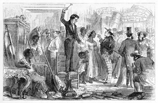 crowdy black slaves sale treated as objects place in Rio de Janeiro. Ancient grey tone etching style art by Riou, Le Tour du Monde, 1861