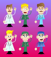 Funny cartoon doctor making power to the people fist gesture. Vector illustration.