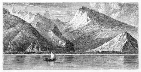 flat sea calm water sailed by little ship fronting huge mountains line of Tahiti from the ocean. Ancient grey tone etching style art by B�rard, Le Tour du Monde, 1861 - obrazy, fototapety, plakaty