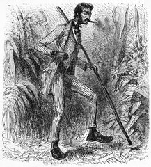 Elegant funny thin man holding a pole, full body in the jungle. Ancient grey tone etching style art by Gauchard, Le Tour du Monde, 1861