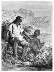Two engraved portrait of Toba natives, Chaco region, seated in vegetation. Ancient grey tone etching style art by Pelcoq and Sargent, Le Tour du Monde, 1861