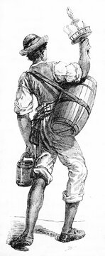 Isolated single Neapolitan water seller viewed from back holding a barrel and carrying his equipment. Ancient grey tone etching style art by Ferogio, Le Tour du Monde, 1861