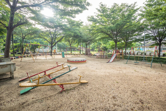 Old empty playground with metal structures