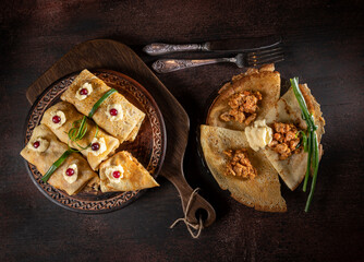 Fresh pancakes with minced meat