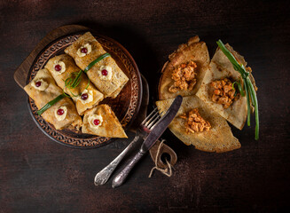 Fresh pancakes with minced meat