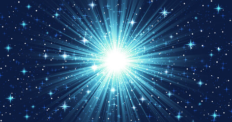 光輝く集中線、たくさんのキラキラした星と星雲のような青いグラデーション、中央がまぶしく光る、超新星爆発のイメージ