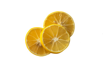 Three slices of lemon on a white background.