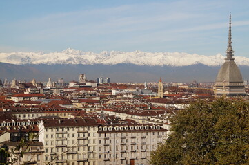 Fototapeta na wymiar Turin: panoramic view of the city, the Mole Antonelliana Tower and the Alps