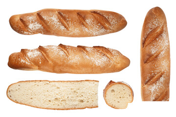 Isolated baguette on a white background. Bread from different angles. A set of elements. Flour baking. Confectionery products. Crispy crust. Bakery. Sliced loaf.