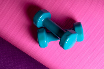Two blue dumbbells on a yoga mat. Healthy lifestyle concept