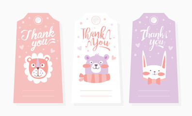 Thank You Card Templates Set, Cute Cards with Lovely Baby Animals Design in Pastel Colors Vector Illustration