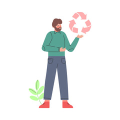 Man Holding Pink Recycle Sign in his Hands Cartoon Style Vector Illustration