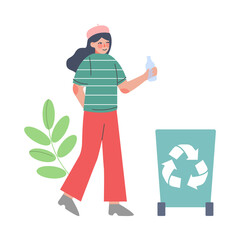 Young Woman Sorting Waste Using Eco Bag, People Gathering Garbage for Recycling Cartoon Vector Illustration Isolated on White Background