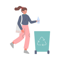 Woman Throwing Plastic Trash in Container with Recycling Symbol Cartoon Style Vector Illustration