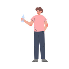 Young Man Holding Eco Glass Bottle, Guy Caring about Environment and Ecology Cartoon Style Vector Illustration