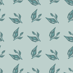 Vintage seamless botanical pattern with blue colored leaves branches elements. Pastel background.