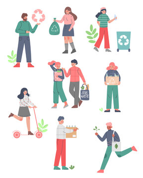 People Caring about Environment and Ecology Set, Men and Women Gathering Garbage for Recycling, Using Eco Bags and Choosing Eco Friendly Lifestyle Vector Illustration