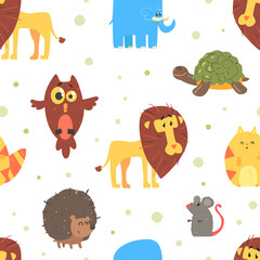 Funny Animals Seamless Pattern, Cute Lion, Owl, Turtle, Hedgehog, Mouse Animal Background, Textile, Packaging, Wallpaper, Wrapping Paper Design Vector Illustration