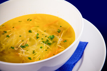 Hot chicken noodle soup with carrots and herbs
