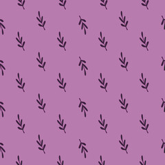 Abstract little leaf branches nature seamless pattern. Purple background. Botanic artwork.