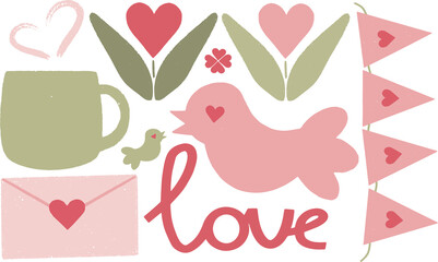 St Valentines Day vector elements. Romantic pink hearts, cup of hot drink, envelope. For card, design, print or background. Romantic symbols.