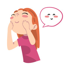 Cute Shy Girl, Kid with Cute Face with Pink Blushing Cheeks in Speech Bubble Cartoon Style Vector Illustration