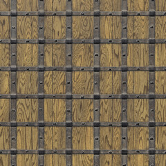 Doors reinforced with iron, close-up, Background of old wood riveted with heavy metal. 3D-rendering