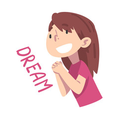 Cute Dreaming Girl, Child with Dreamy Facial Expression Cartoon Style Vector Illustration