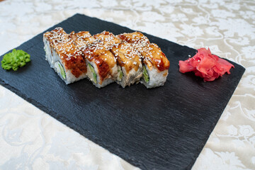 Delicious, juicy and appetizing tender rolls with eel