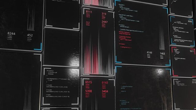 Encrypted fast long scrolling programming security hacking code on black background, seamless loop. Animation. Concept of artificial intelligence and system hacking. 