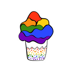 Doodle illustration of rainbow cupcake, colorful dessert, brownie with cream. For cards, invitations, banners, stickers.