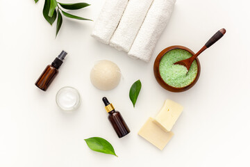 Organic cosmetic set with tea olive leaves and sea salt