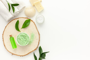 Organic cosmetic set with tea olive leaves and sea salt