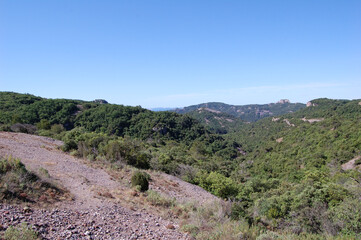 Fototapeta na wymiar Panorama of the mountains and forests of La Mola, in Catalonia. Catalunya, Bages, Barcelona. 