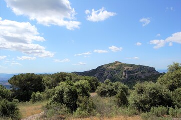 Panorama of the mountains and forests of La Mola, in Catalonia. Catalunya, Bages, Barcelona.
