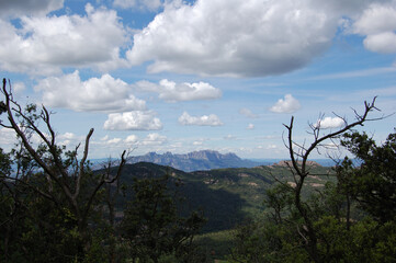 Obraz premium Panorama of the mountains and forests of La Mola, in Catalonia. View of Montserrat. Catalunya, Bages, Barcelona. 