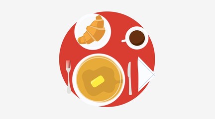 Vector Isolated Illustration of a Breakfast with Croissant, Coffee, Cutlery, Pancakes. Breakfast Icon or Sign