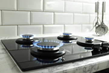 Closeup shot of blue fire from domestic kitchen stove top. Gas cooker with burning flames of...