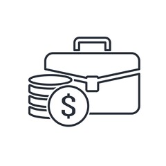 Briefcase and money. Financial case. Vector linear icon isolated on white background.