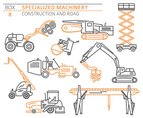 Special industrial construction and road machine linear vector icon set isolated on white