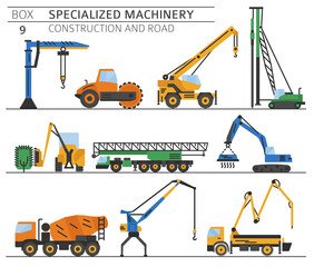 Special industrial construction and road machine coloured vector icon set isolated on white