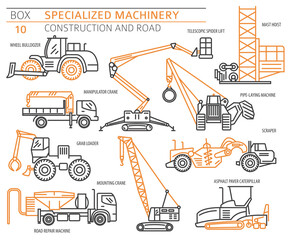 Special industrial construction and road machine linear vector icon set isolated on white