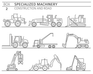 Special industrial construction and road machine linear vector icon set isolated on white