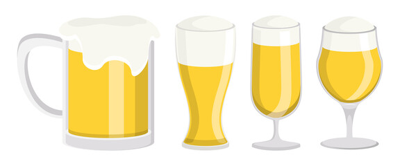 Beer glass set. Drink beverage and alcohol theme. Beer mug with foam icon. Bar, pub symbol, logo illustration. Vector illustration