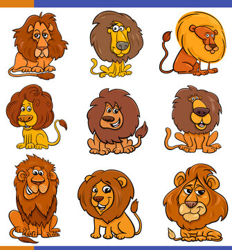cartoon lions comic animal characters set