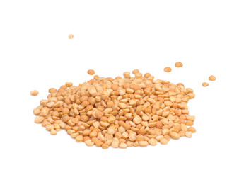 Peas, dry yellow chopped peas on white background