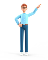 3D illustration of standing happy man pointing finger at direction. Portrait of cartoon smiling businessman, isolated on white background.