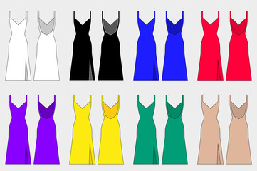 Collection of colored dresses. Dress patterns for sewing. Front and back views. Evening outfit. Casual, business dress. Vector illustration