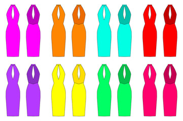 Collection of colored dresses. Dress patterns for sewing. Front and back views. Evening outfit. Casual, business dress. Vector illustration