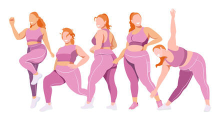 vector flat illustration on the topic of body positivity and physical activity. a group of healthy girls of natural beauty in leggings and sports bras are engaged in fitness. each figure is isolated.